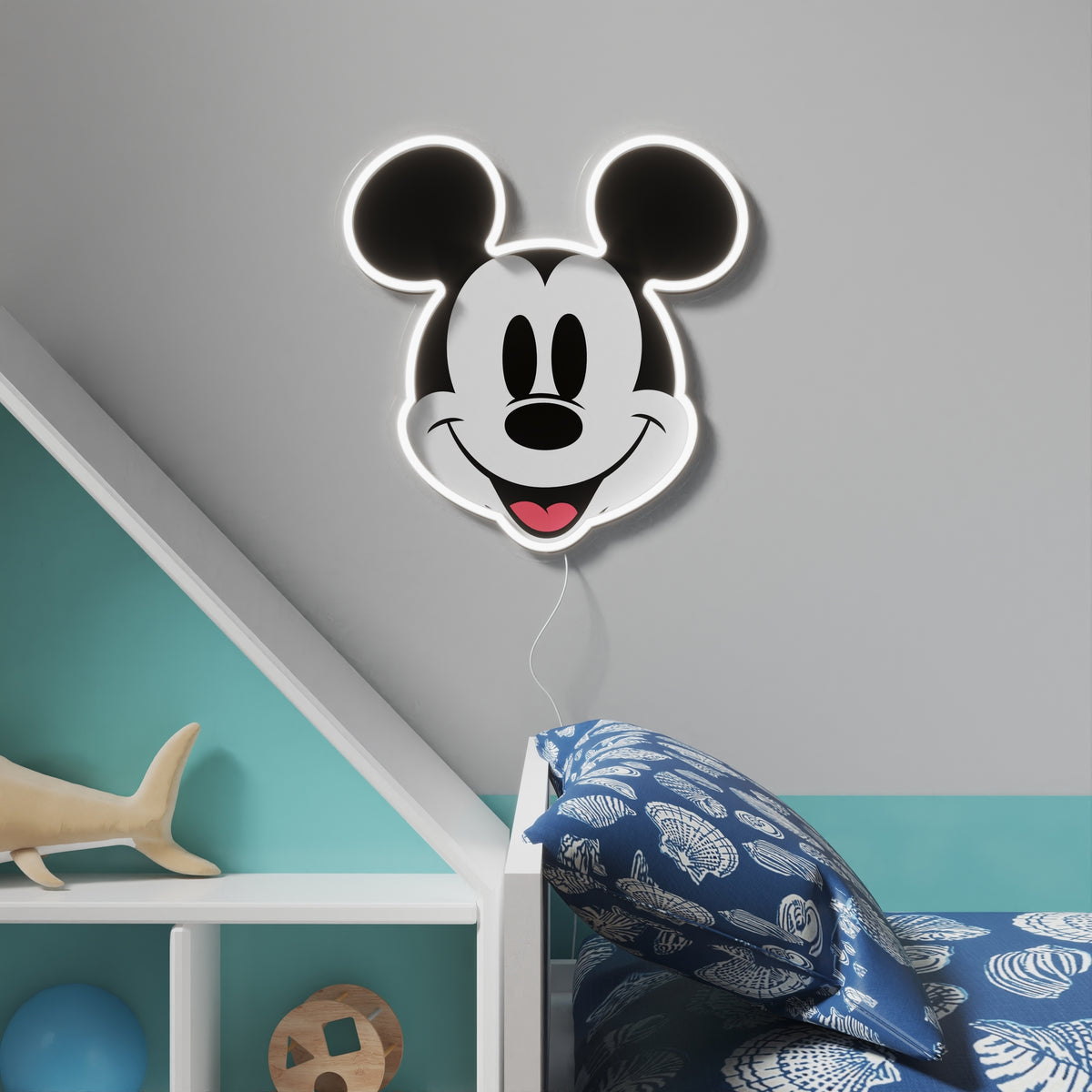 YELLOWPOP Disney Mickey Face LED Neon Sign – White Glow USB Licensed Wall Light with Acrylic Backing