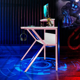 Neo 2-Tier Gaming Computer Desk with Monitor Shelf, Headphone Hooks & Carbon Fibre Texture Top – Pink