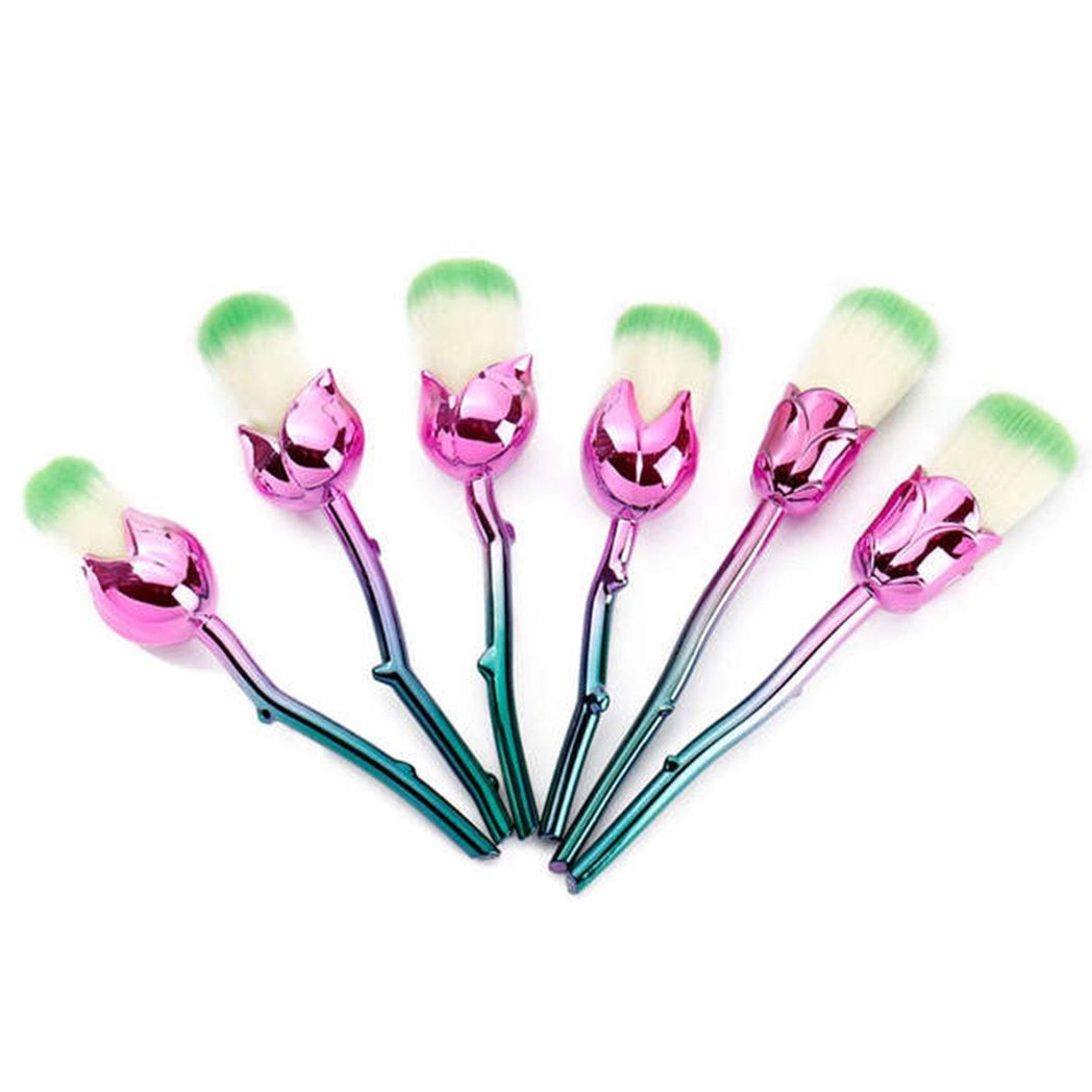 Aquarius 6-Piece Beauty and the Beast-Inspired Rose Makeup Brush Set with Glossy Handles – Blush & Powder