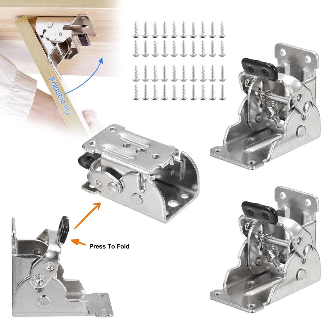 4 x Folding Table & Chair Leg Hinges – 90 Degree Self-Locking Cold-Rolled Steel Support Brackets, Silver