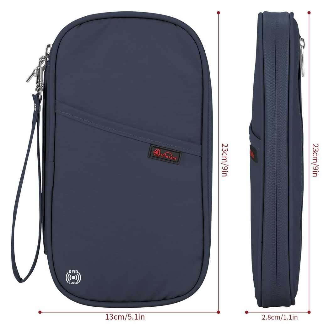 VINSANI Deluxe Passport & Travel Document Organiser with Card Slots & Zip – Navy Blue