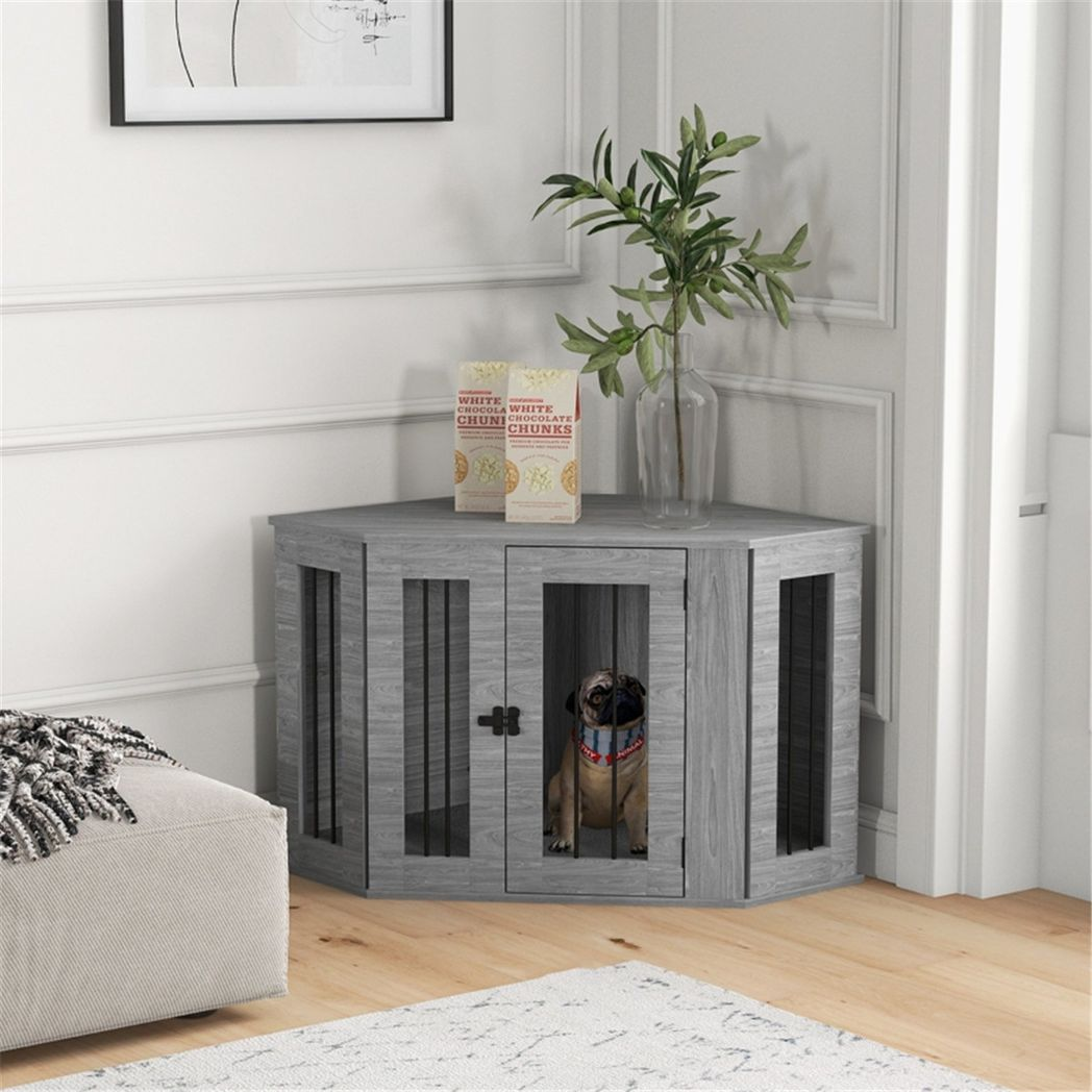 Dog Crate Furniture Side Table with Cushion & Large Entrance – For Medium Dogs up to 20kg, Grey