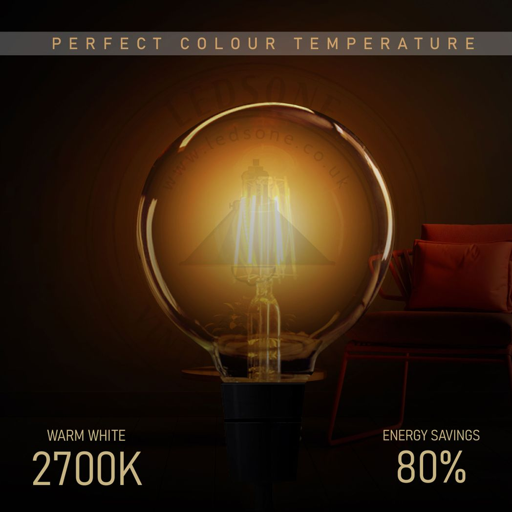Ledsone 5-Pack E27 G95 Dimmable LED Edison Bulbs – Vintage Amber Glass Filament Lamps, 2700K Warm White