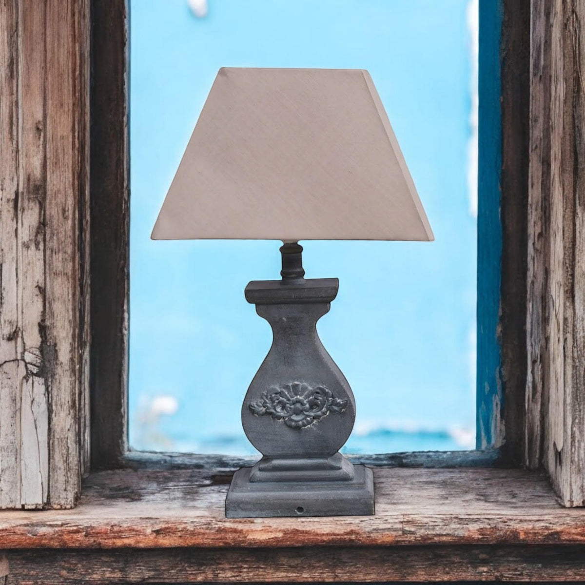 Tall Washed Wood Table Lamp with Taupe Linen Shade – Shabby Chic & Farmhouse Lighting