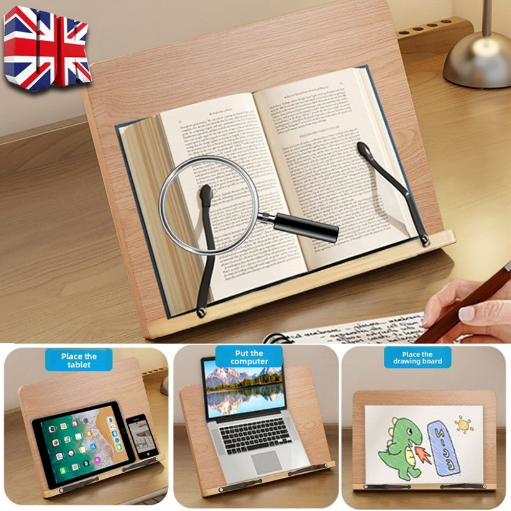 Adjustable Wooden Book Stand with Page Clips – Foldable Reading Rest for Cookbooks, Recipes & Music Scores