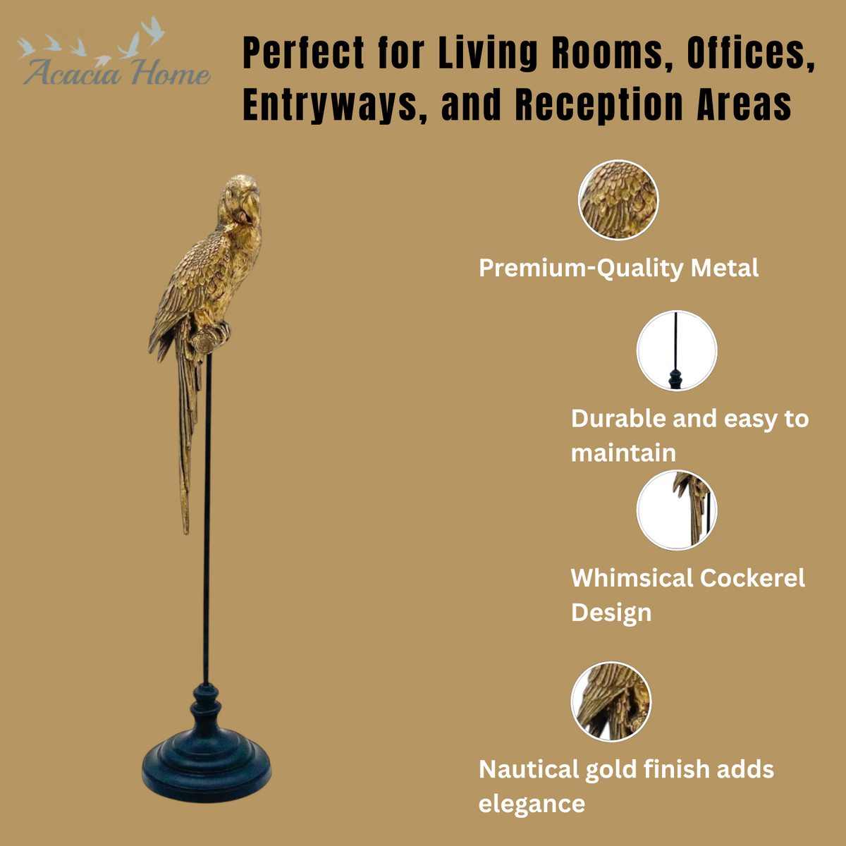 AcaciaHome XL Tall Gold Parrot Sculpture – Resin Decorative Figurine for Home, Office & Patio