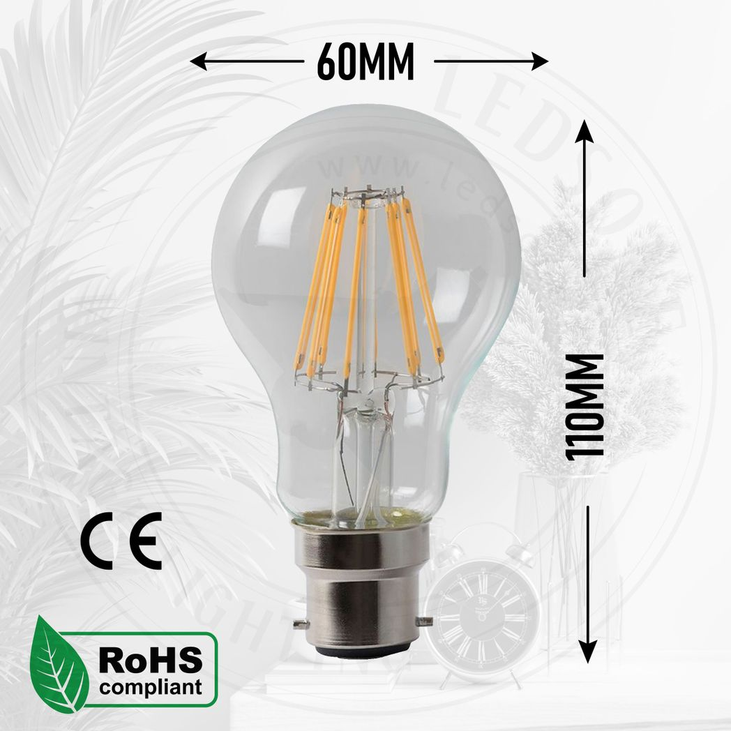 2 Pack A60 B22 Bayonet LED Filament Bulbs, 4W 450 Lumens – Dimmable Retro Glass Bulbs, Cool White 6000K