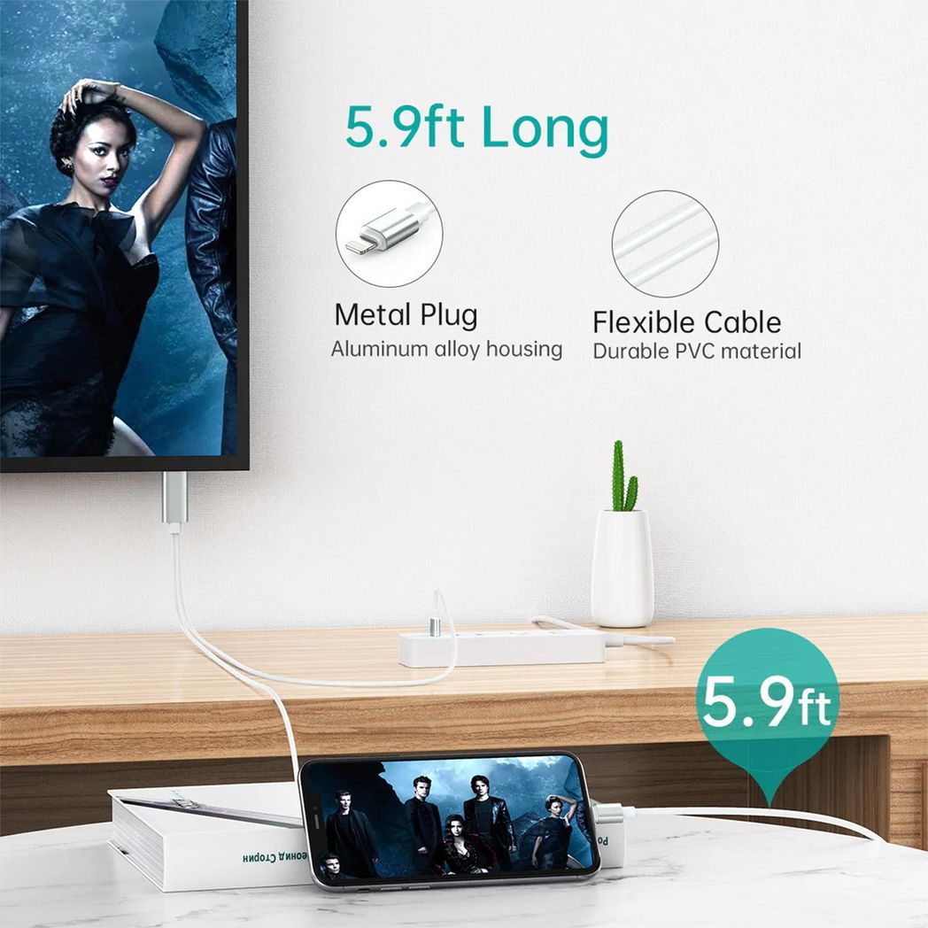 Aquarius Full HD HDMI Adapter Cable for 8-Pin Phones & Pads – 1080p Mirroring to TV or Projector, Silver