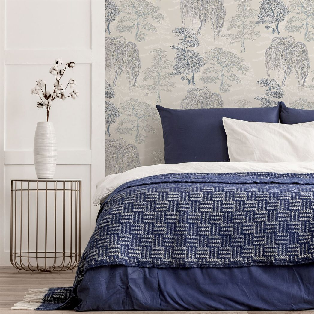 Arthouse Oriental Garden Tree Print Wallpaper – Soft Blue Feature Wall Design, Paste the Paper