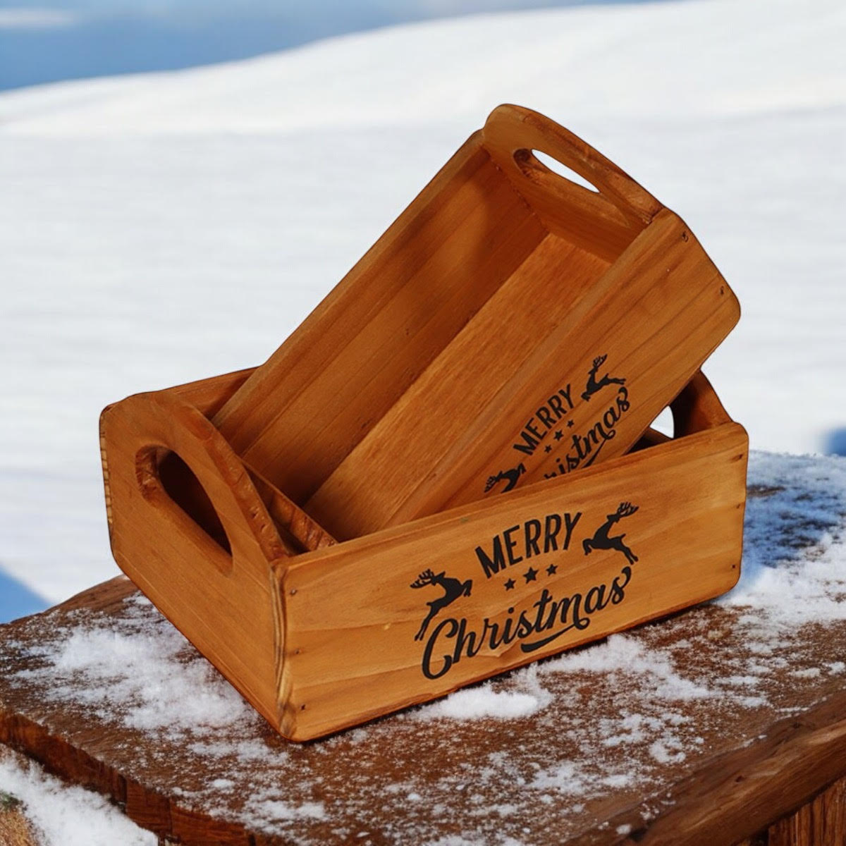 Vintage 'Merry Xmas' Wooden Storage Crates, Set of 2 – Hand-Painted Brown Festive Decor Boxes