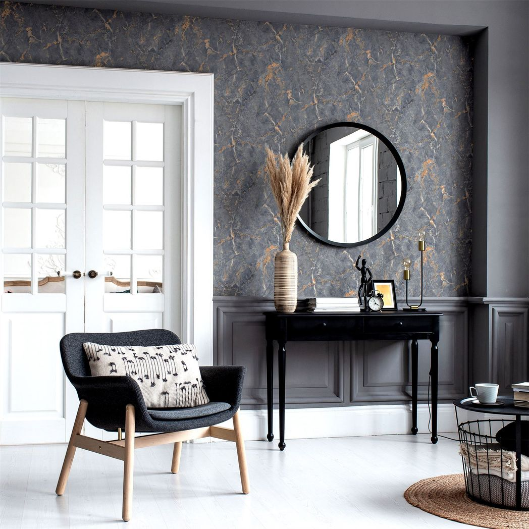 Arthouse Dark Mineral Wallpaper with Realistic Carved Markings – Dramatic Paste the Paper Feature Wall, Grey