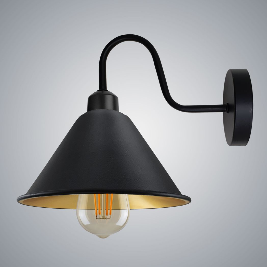 Vintage Cone Wall Light with Swan Neck Arm & E27 Socket – Dimmable Metal Sconce, Black and Gold