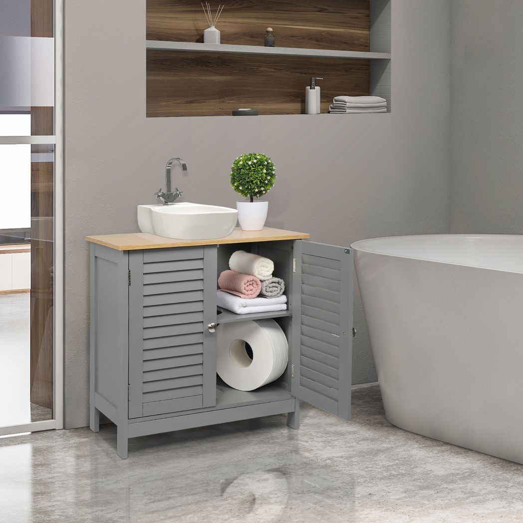Modern Under-Sink Bathroom Cabinet with Double Slatted Doors, Waterproof MDF – Space-Saving Storage, Grey