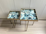 Set of 2 Art Deco Marble-Effect Side Tables with Removable Trays – X-Shaped Legs, Floral Black Gold