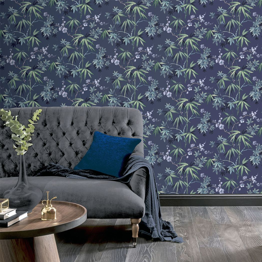 Arthouse Jasmine Garden Vinyl Wallpaper with Lilac Flowers and Metallic Touches – Hardwearing, Navy