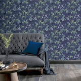 Arthouse Jasmine Garden Vinyl Wallpaper with Lilac Flowers and Metallic Touches – Hardwearing, Navy