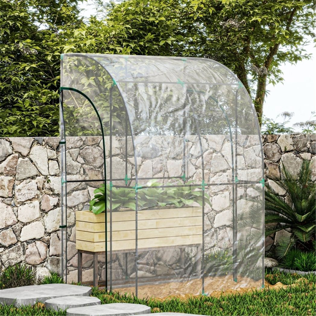 Walk-In Lean-To Wall Greenhouse with Steel Frame, Plastic Cover & 2 Zipped Doors – 143 x 118 x 212cm