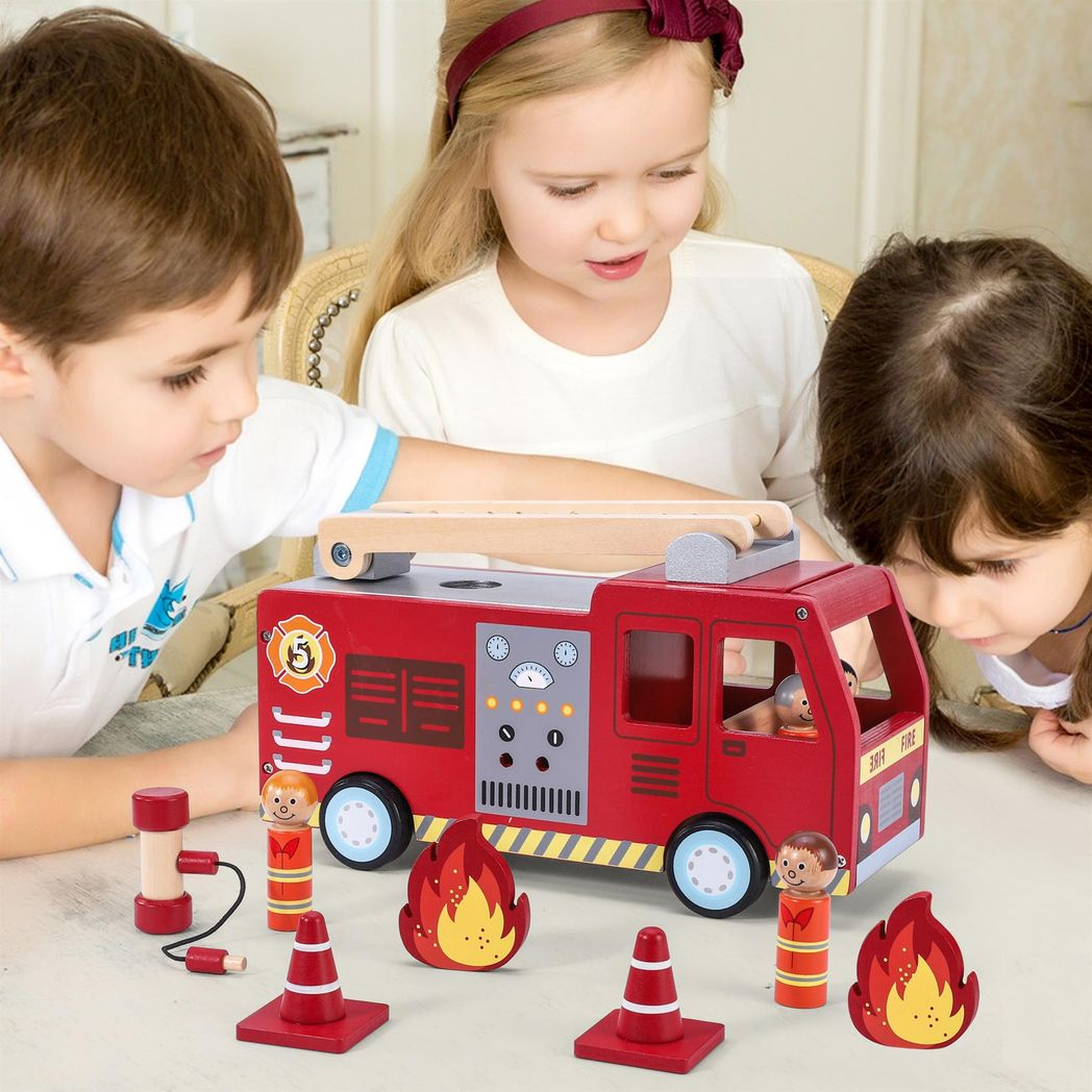 SOKA Wooden Fire Engine Playset with Extending Ladder, 4 Firefighter Figures & Hose – Kids Role Play Toy