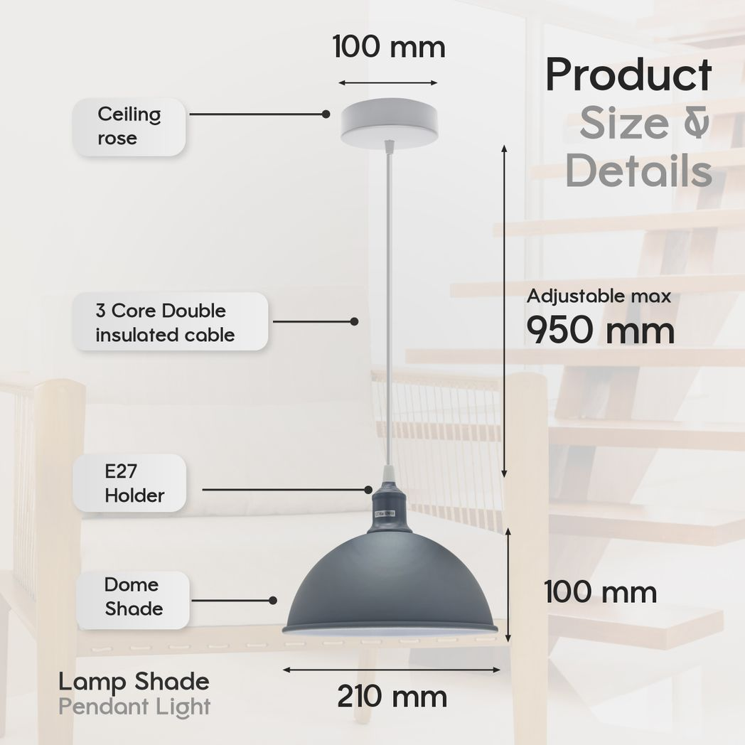 Grey Dome Metal Pendant Shades, 21cm – 2 Pack