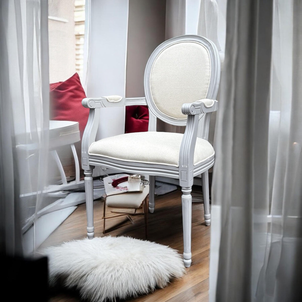 Louis-Style Cream Linen Armchair with High Back – 94cm French Dining Chair, Grey Frame