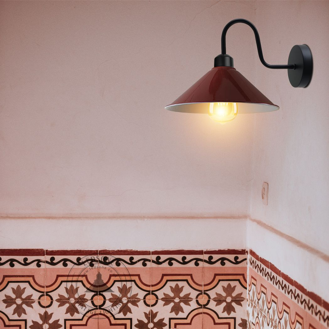 Vintage Swan Neck Wall Light with Cone Shade and E27 Socket – Dimmable Indoor Wall Sconce, Burgundy