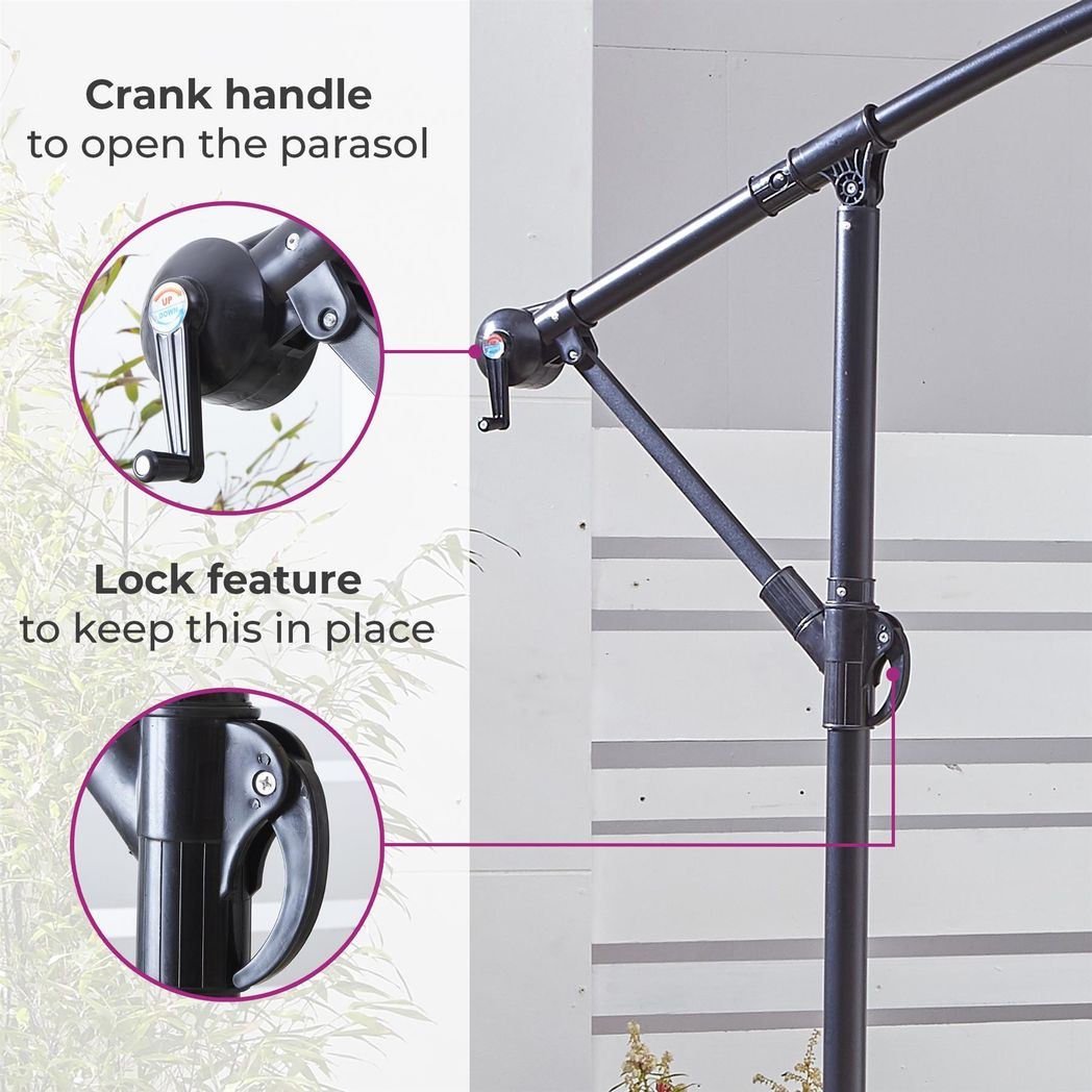 Neo 3m Grey Cantilever Parasol with Solar LED Lights, Crank Handle and Cross Base – Garden Umbrella