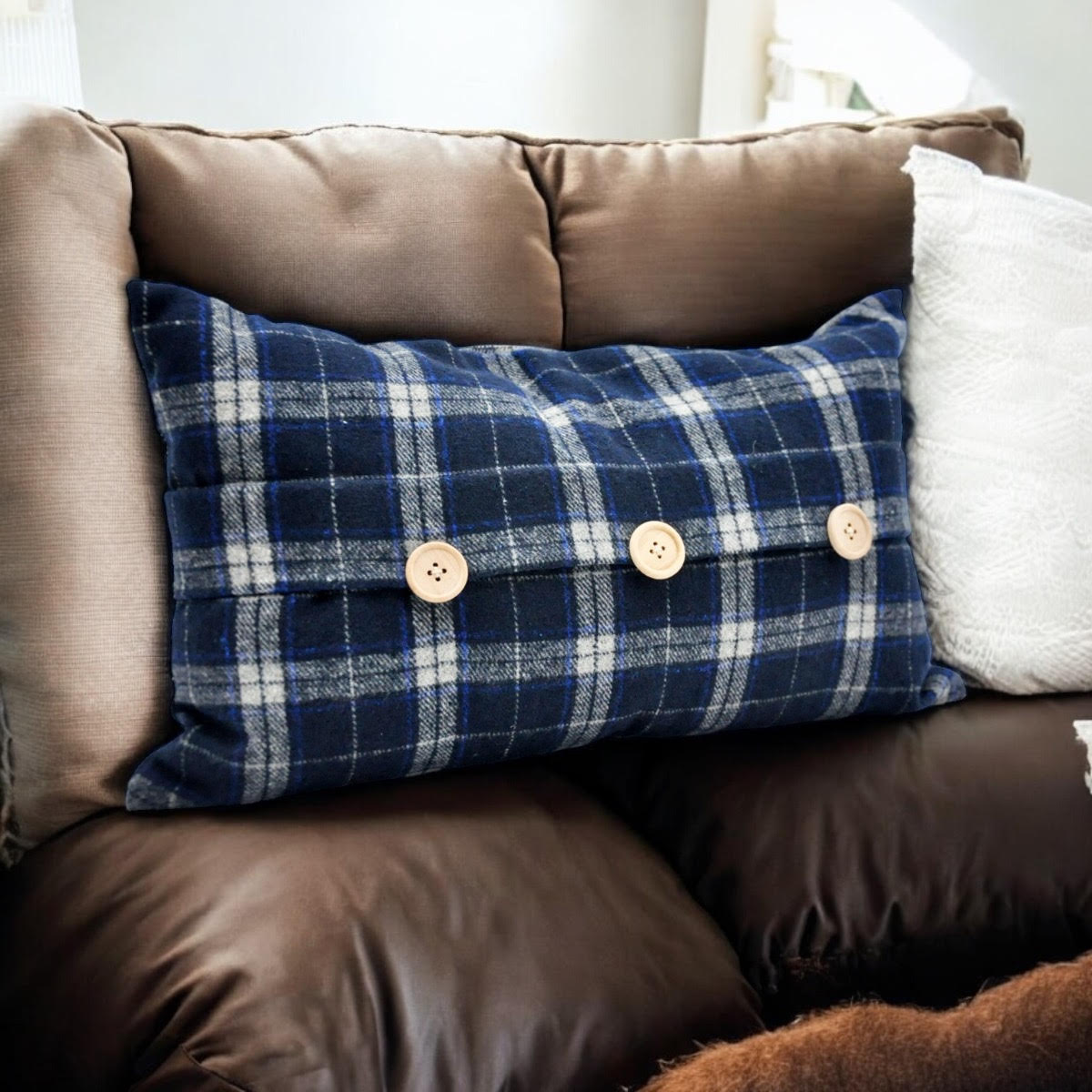 Blue Checked Velvet Tartan Cushion Cover, 30 x 50cm
