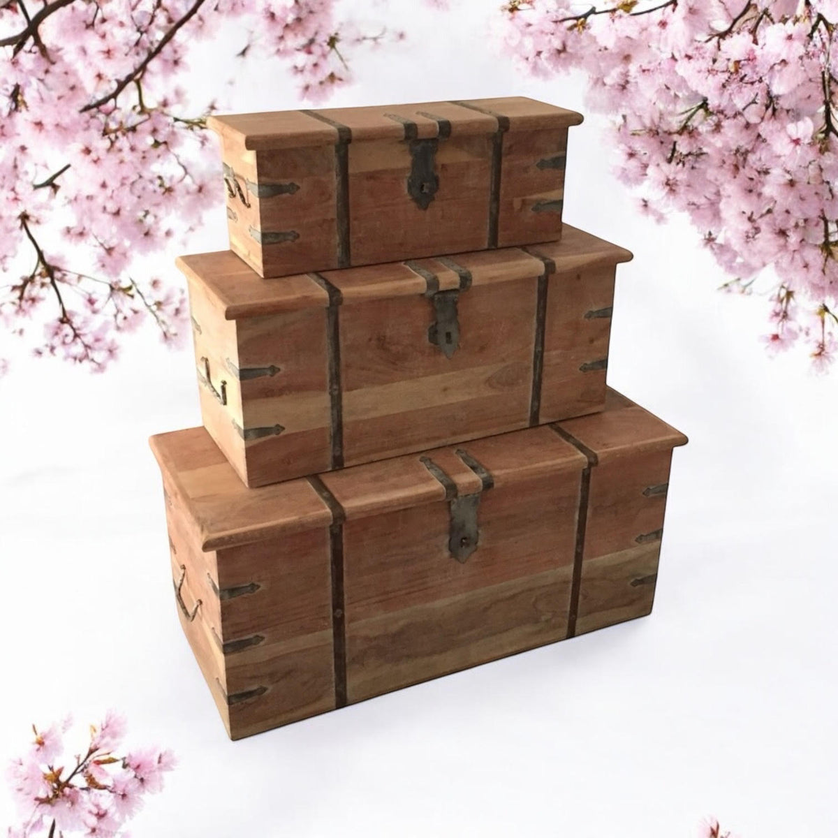 Rustic Solid Acacia Wooden Storage Chests, Set of 3 – Nesting Trunks, Coffee Table or Bench, Light Brown