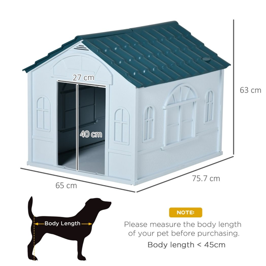 Plastic Dog Kennel House for Medium Dogs with Water-Resistant Surface & Cottage Windows – Blue and White