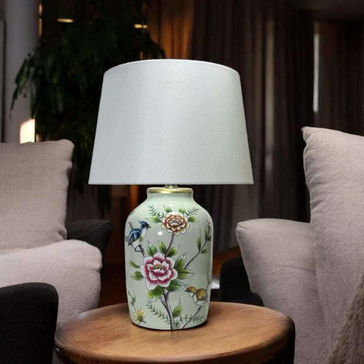 AcaciaHome 44cm Floral Ceramic Table Lamp with Drum Shade – Bedroom & Living Room Lighting