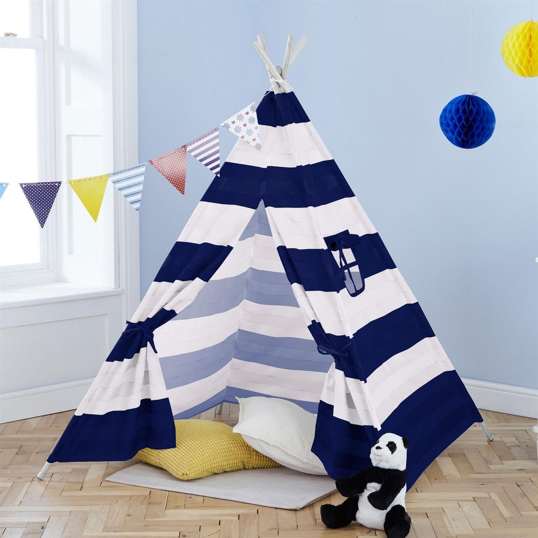 Neo Kids Canvas Teepee Play Tent with Bunting – Navy and White Stripe