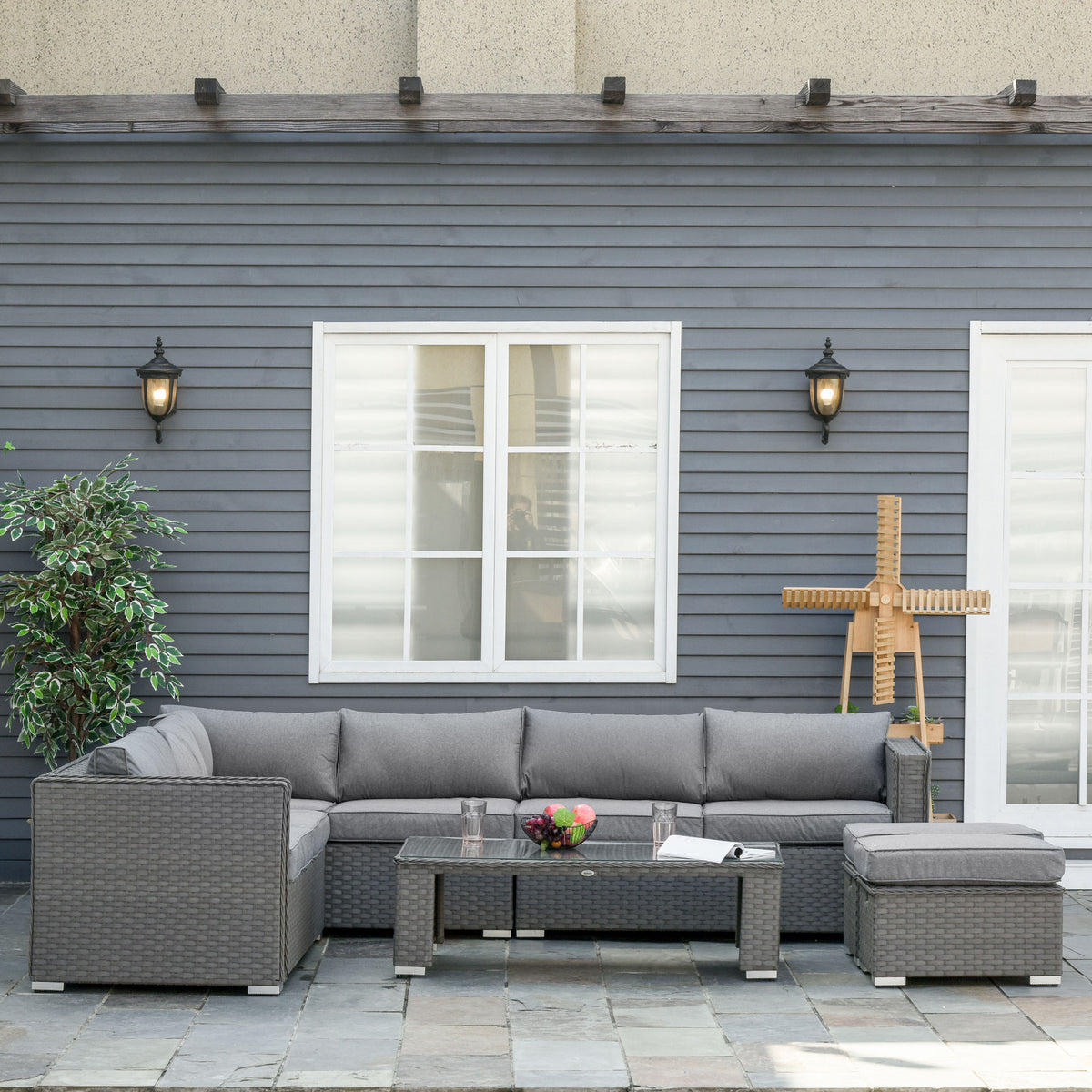Outsunny Rattan Corner Sofa Set in garden setting