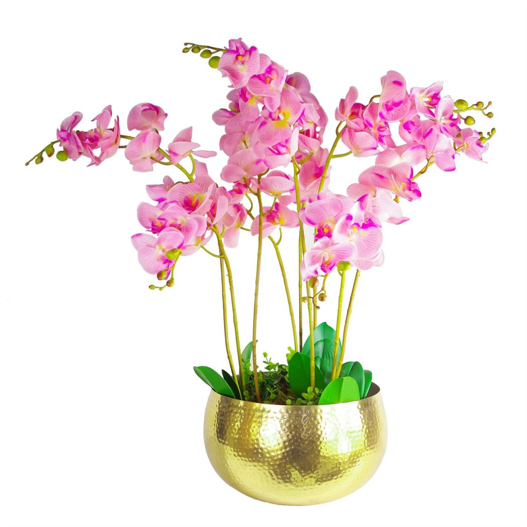 Leaf XL Metal Bowl Planter 32 x 20cm – Handmade Indoor Plant Pot with Hammered Gold Finish, Straight Edge