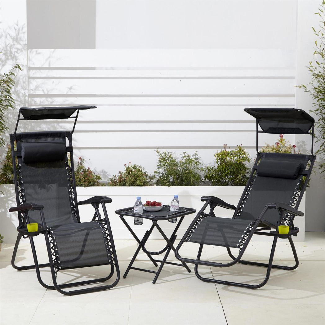 Neo 3-Piece Zero Gravity Chair Set with Side Table & Cup Holder – Folding Garden Loungers, Black