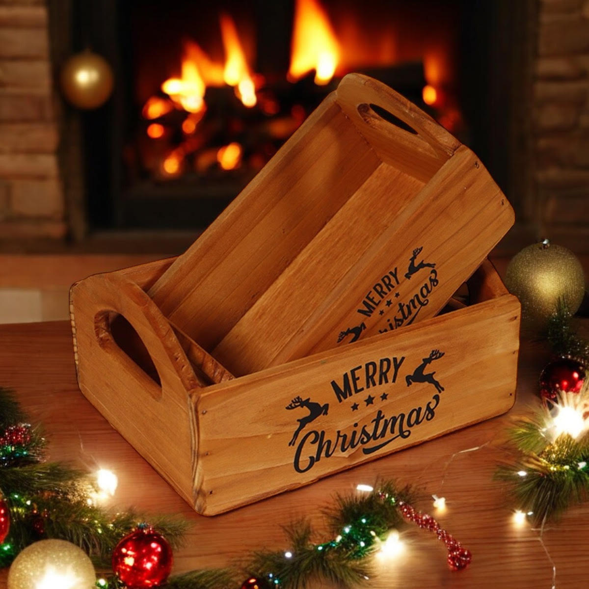 Vintage 'Merry Xmas' Wooden Storage Crates, Set of 2 – Hand-Painted Brown Festive Decor Boxes