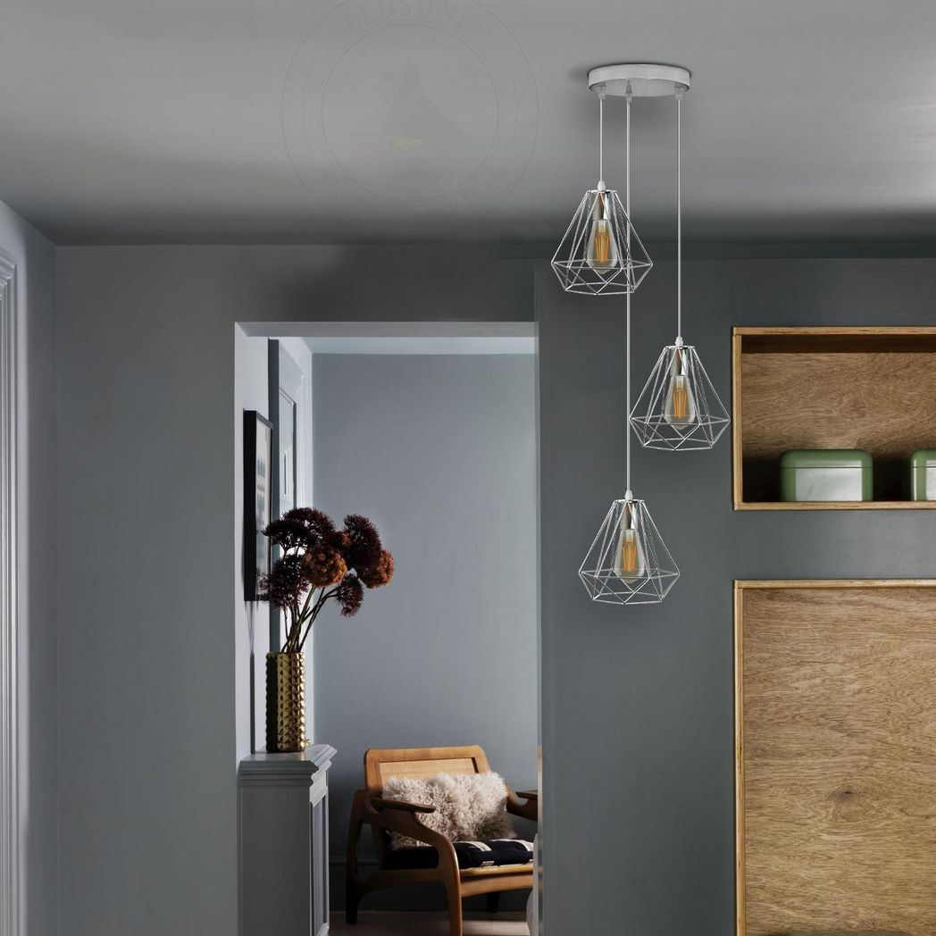 LEDSONE 3 Head Chrome Diamond Wire Cage Pendant Light with 20cm Round Base and E27 Holders – Ceiling Fitting