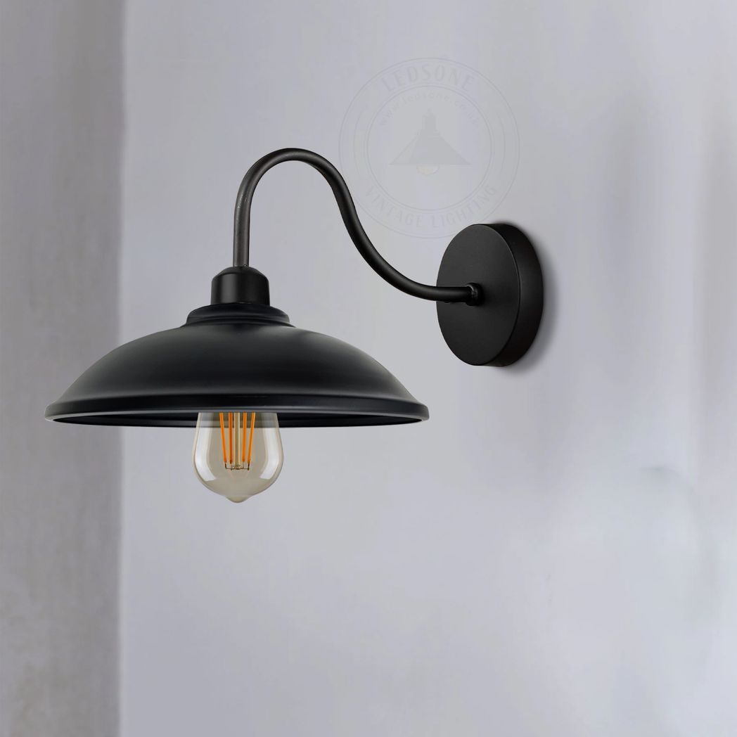 Vintage Hemisphere Wall Light with Swan Neck and E27 Socket – Dimmable Indoor Sconce, Black
