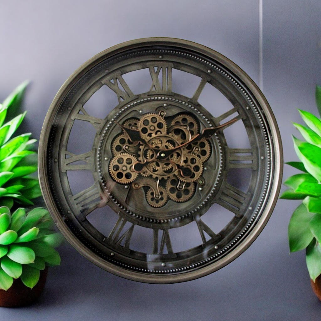 AcaciaHome 60cm Industrial Roman Numeral Wall Clock with Moving Gears – Quartz, Black & Grey