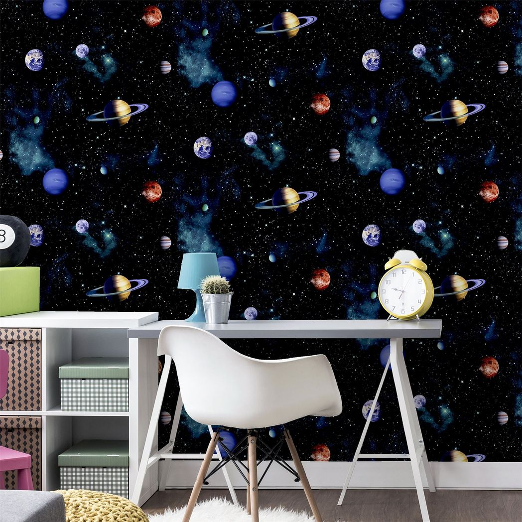 Arthouse Cosmos Space Wallpaper with Planets & Stars – 3D Photographic Effect Kids Room Covering, Charcoal