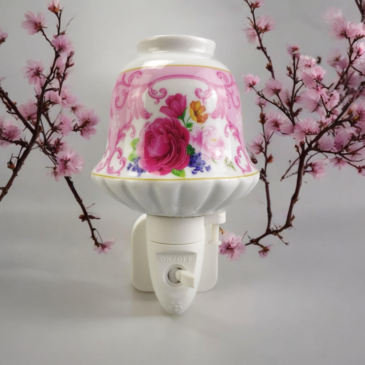 Ceramic Plug-In LED Night Light with Colourful Floral Design – Decorative Bedroom and Nursery Light, Pink Rose