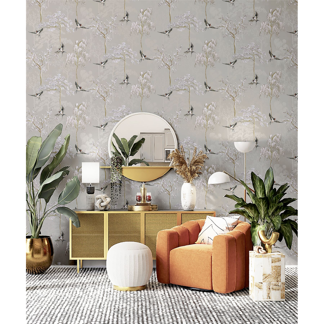 Arthouse Japanese Garden Wallpaper with Oriental Trees & Birds – Pearlescent Paste the Paper, Grey
