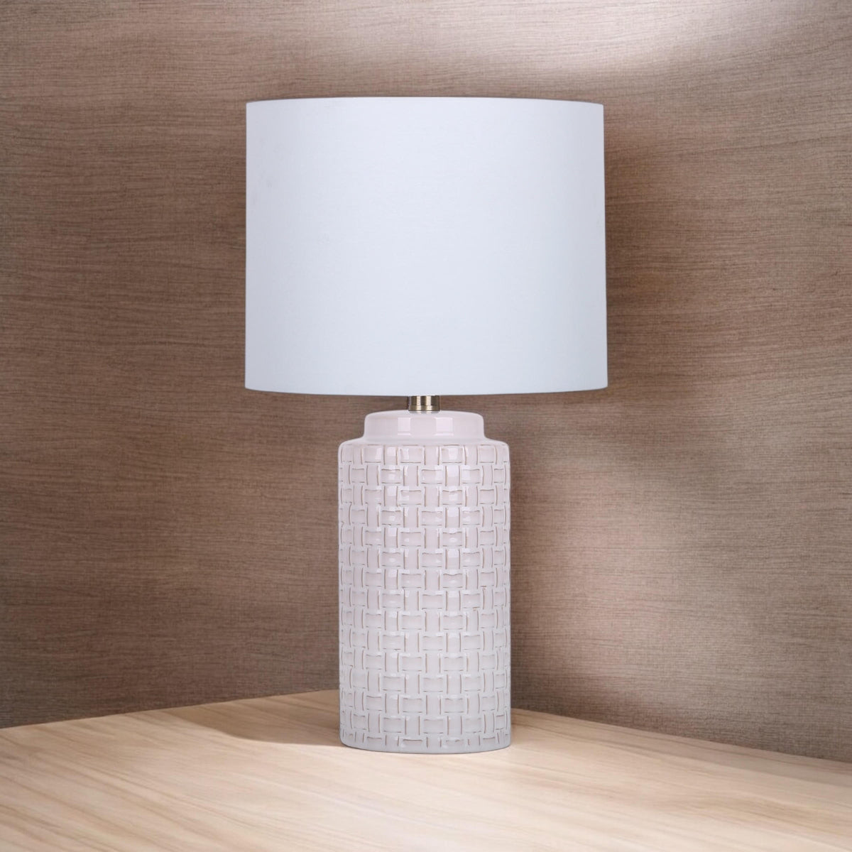 Cream Ceramic Striped Table Lamp with Handmade Drum Shade – Living Room & Bedroom Lighting