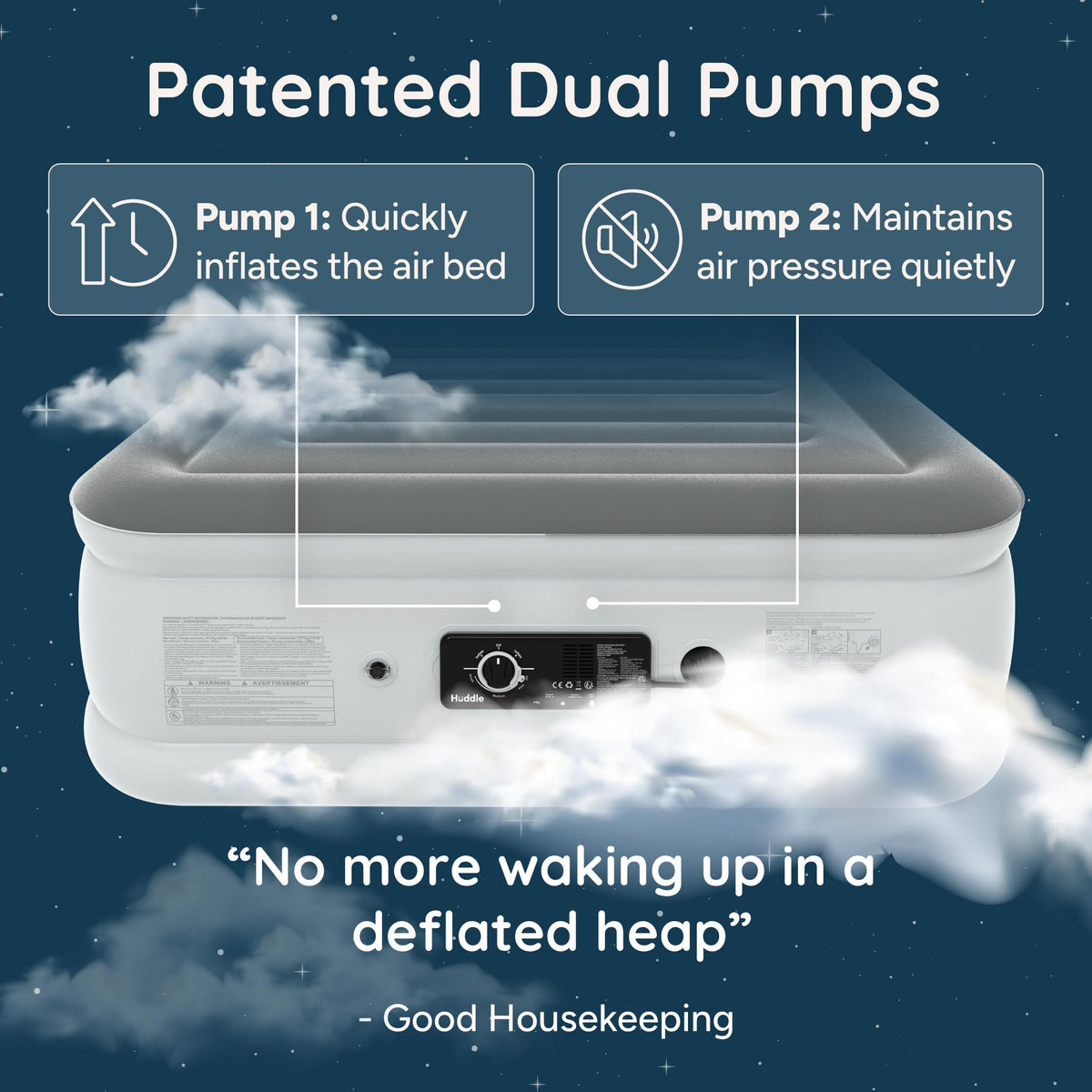 Huddle Never Deflate Air Bed with Dual-Action Pump, Comfort Dial & Nightlight – Double