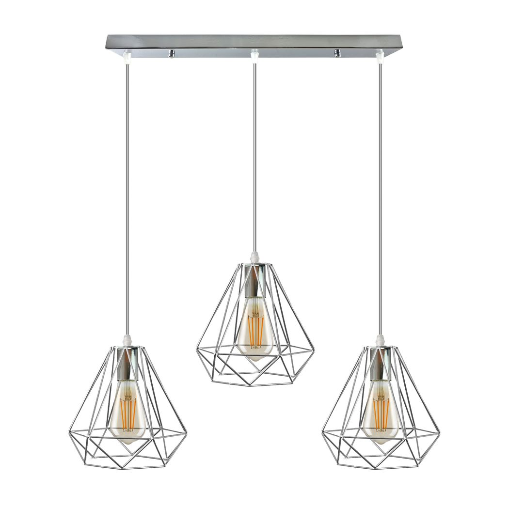 LEDSONE 3-Head Ceiling Pendant with 20cm Chrome Diamond Wire Cages – Vintage Industrial Rectangular Base