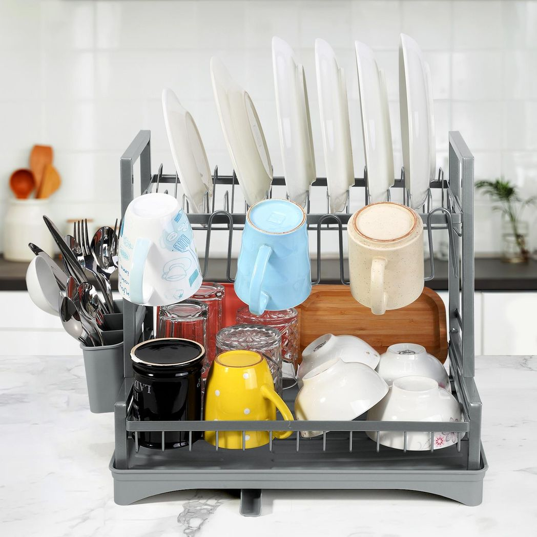 Vinsani 2-Tier Detachable Dish Drainer – Space-Saving Vertical Kitchen Drying Rack, Grey