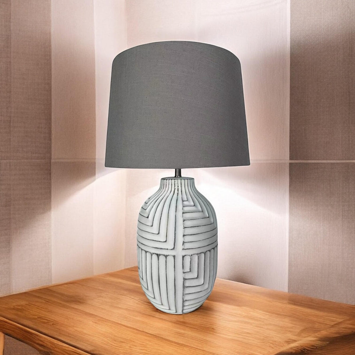 Oriental Floral Ceramic Table Lamp with Drum Shade – Large 50cm Hallway Lamp for Living Room or Bedroom, Stone Look