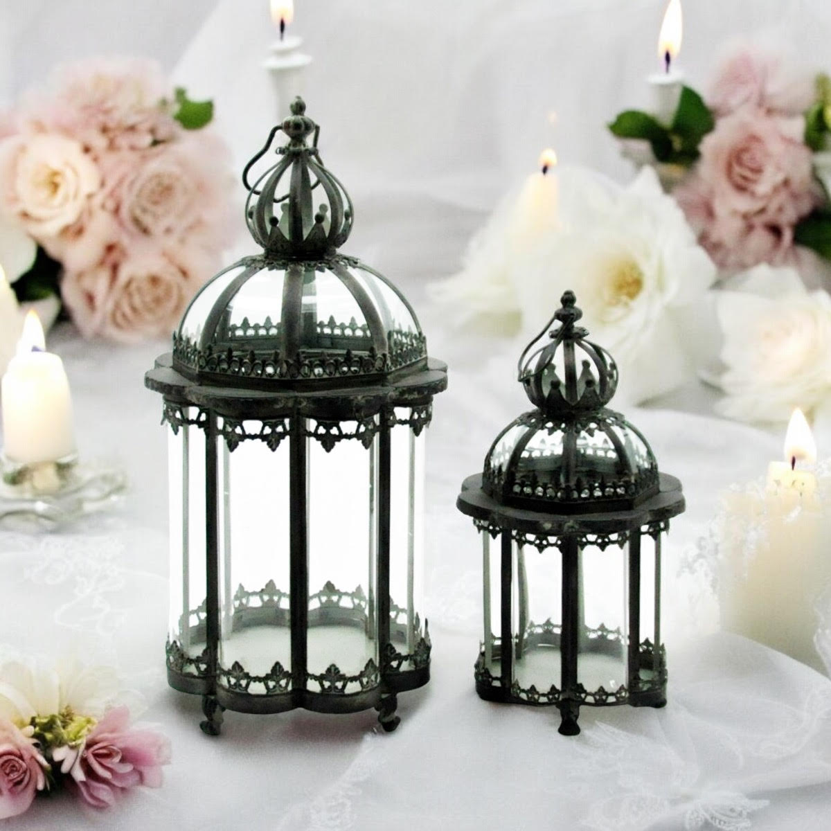 Grey Metal Tealight Lantern Holders with Glass Panels, Set of 2 – Indoor & Outdoor Art Deco Lanterns