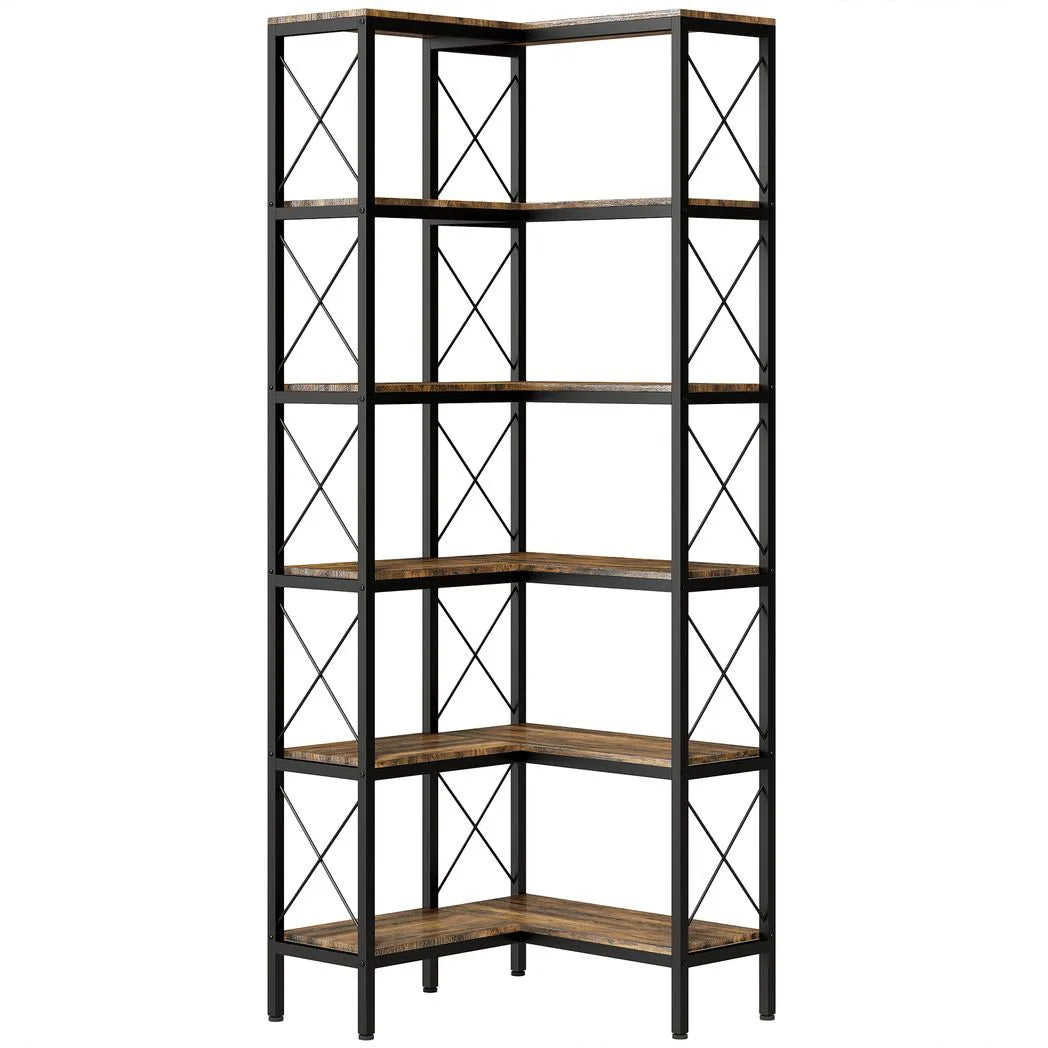 HOMCOM 5-Tier L-Shaped Corner Bookshelf with Metal Frame and Anti-Tipping Kit – Freestanding, Rustic Brown