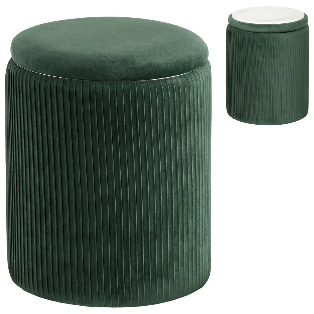 HOMCOM Velvet Round Storage Ottoman with Flip Lid & Marble-Effect Top – 45cm Footstool, Dark Green