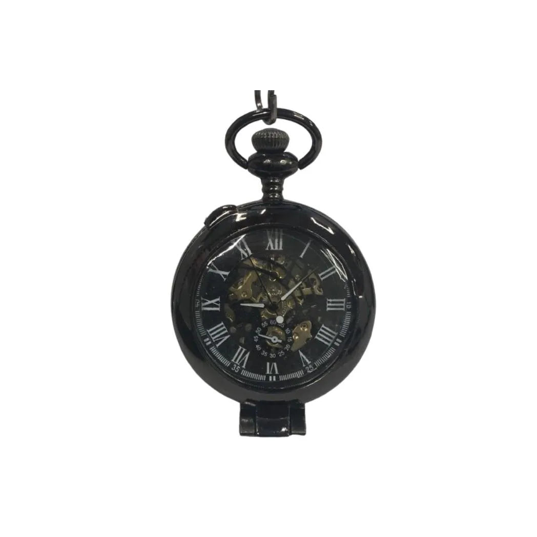 Boshiya Half Hunter Steampunk Pocket Watch, Mechanical Hand-Wind with Skeleton Dial and Chain, Gunmetal